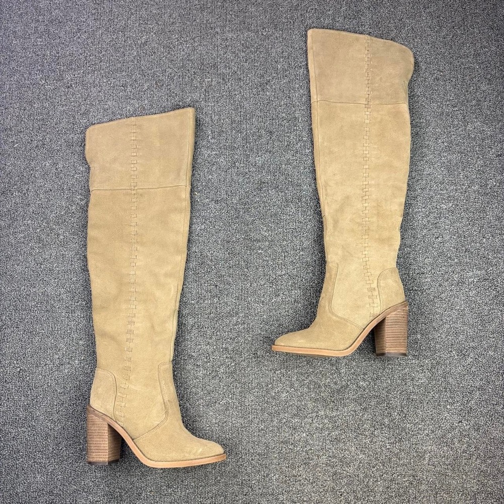 Vince Camuto Morra OTK Taupe Suede Leather Block Heel Campus Boots Womens Size 6